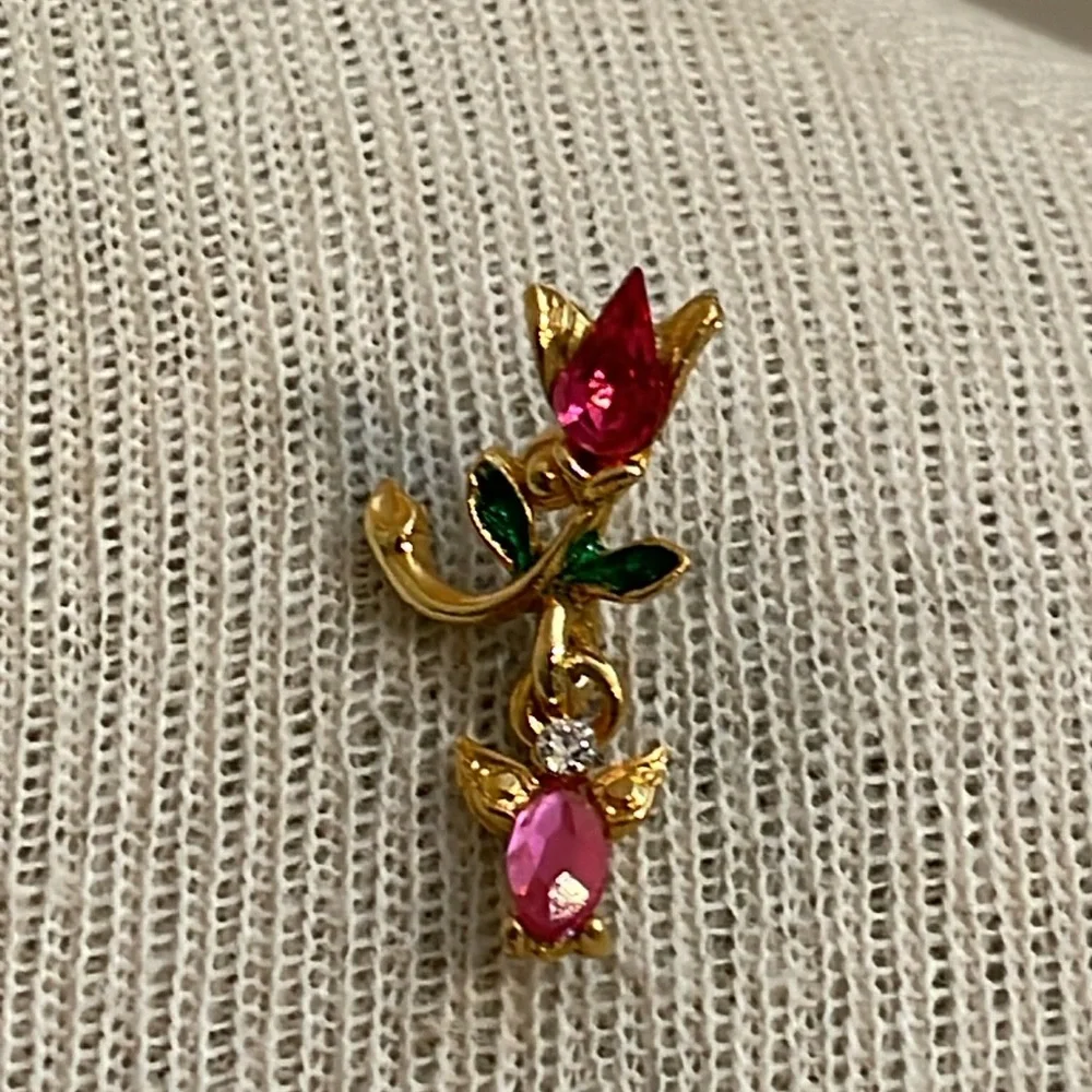 Vintage Tulip with a Dangling Angel Charm Gold-tone with Pink Rhinestones